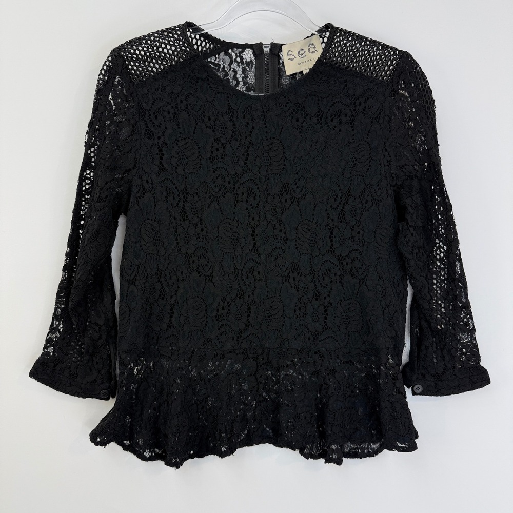 Sea New York Blouse Womens 6 Black Floral Lace Peplum Mesh Zip Back Top